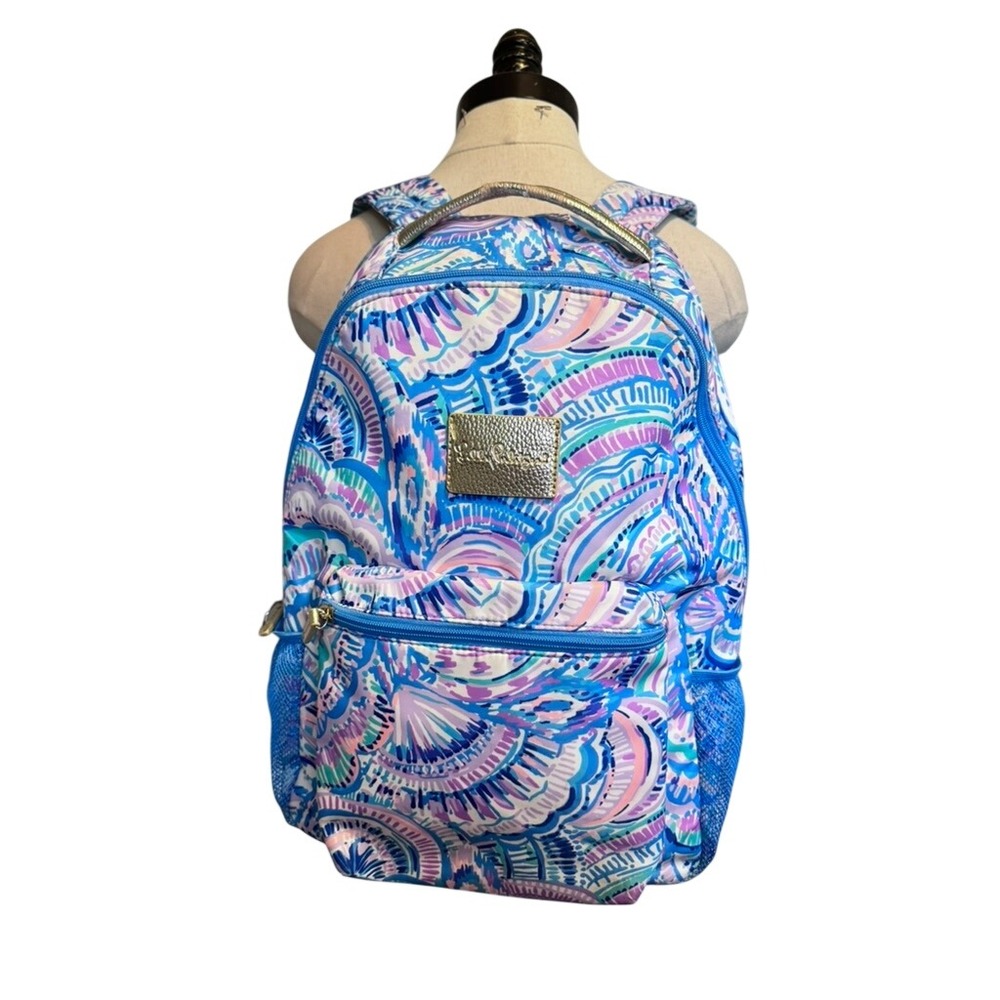 Lilly Pulitzer Bahia Happy As A Clam Backpack Blue Pink Shell Print Bag